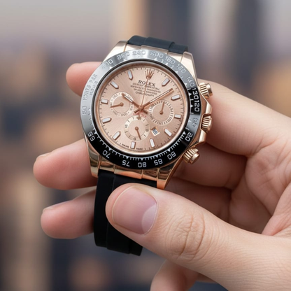 Luxury watch with a rose gold case and black strap held in a hand against a blurred background