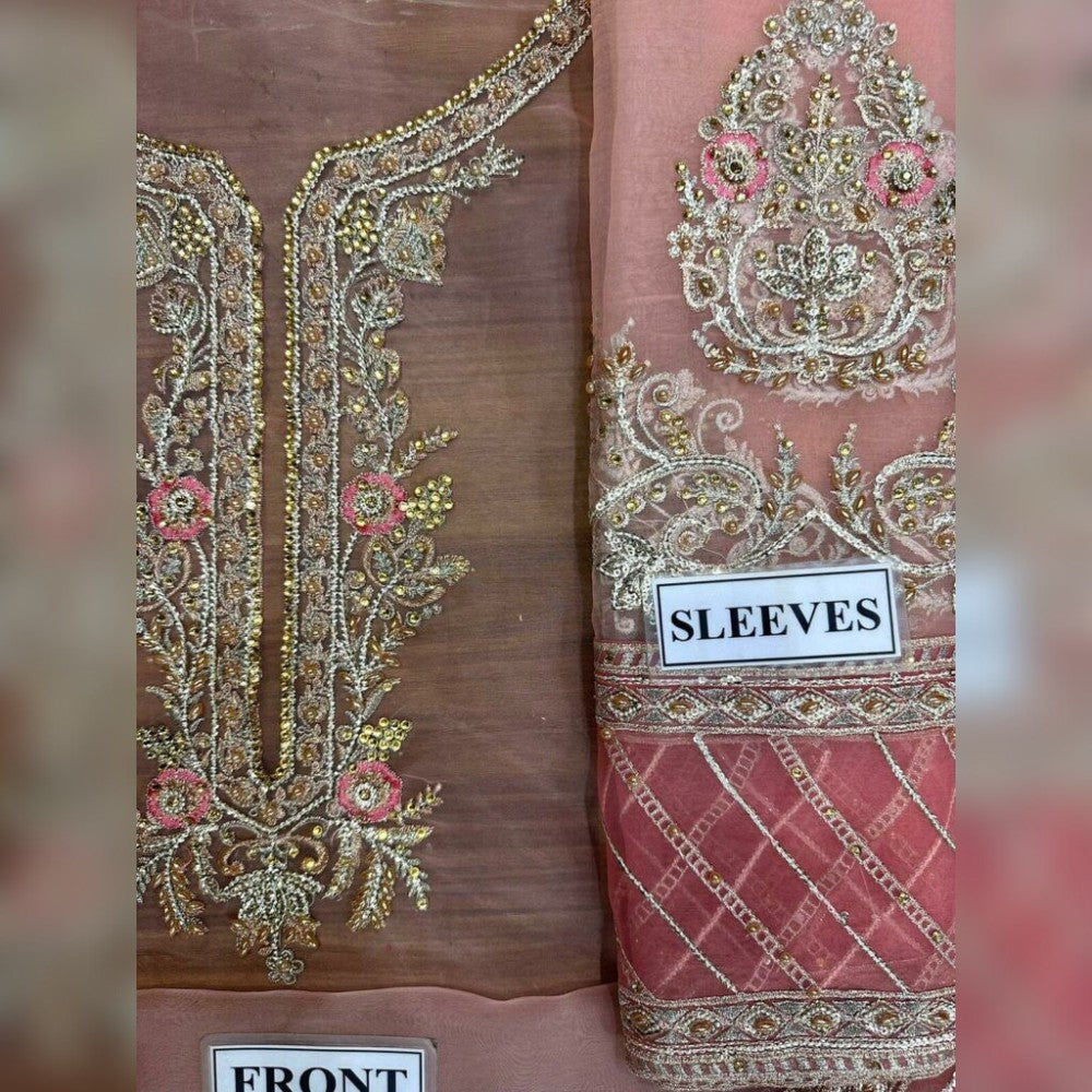Embroidered sleeves with floral patterns on a pink fabric, labeled 'Front' and 'Sleeves'.