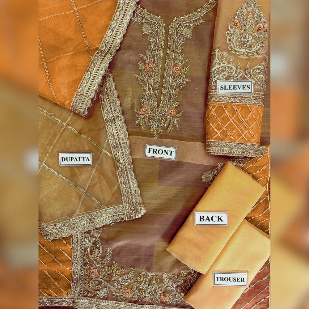 Embroidered saree set with labels indicating parts of the outfit on a brown background.