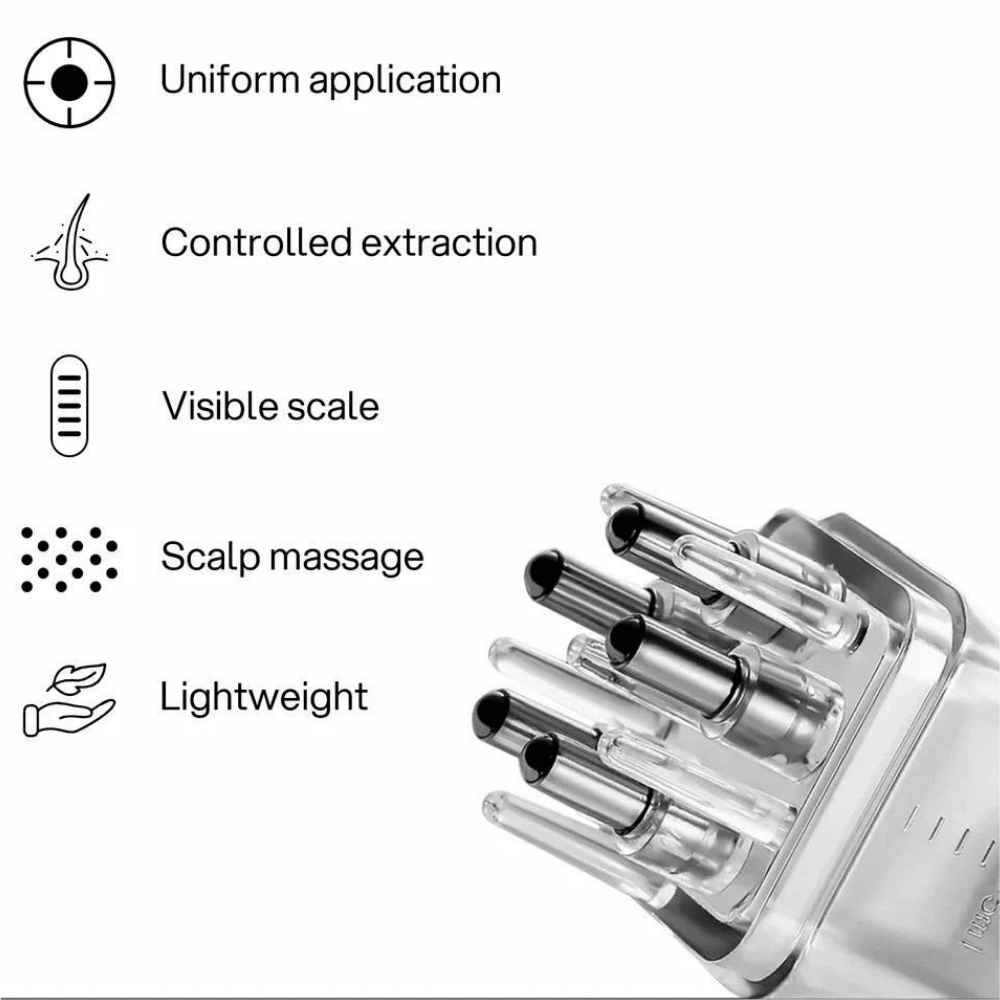 Key features displayed on scalp serum dispenser