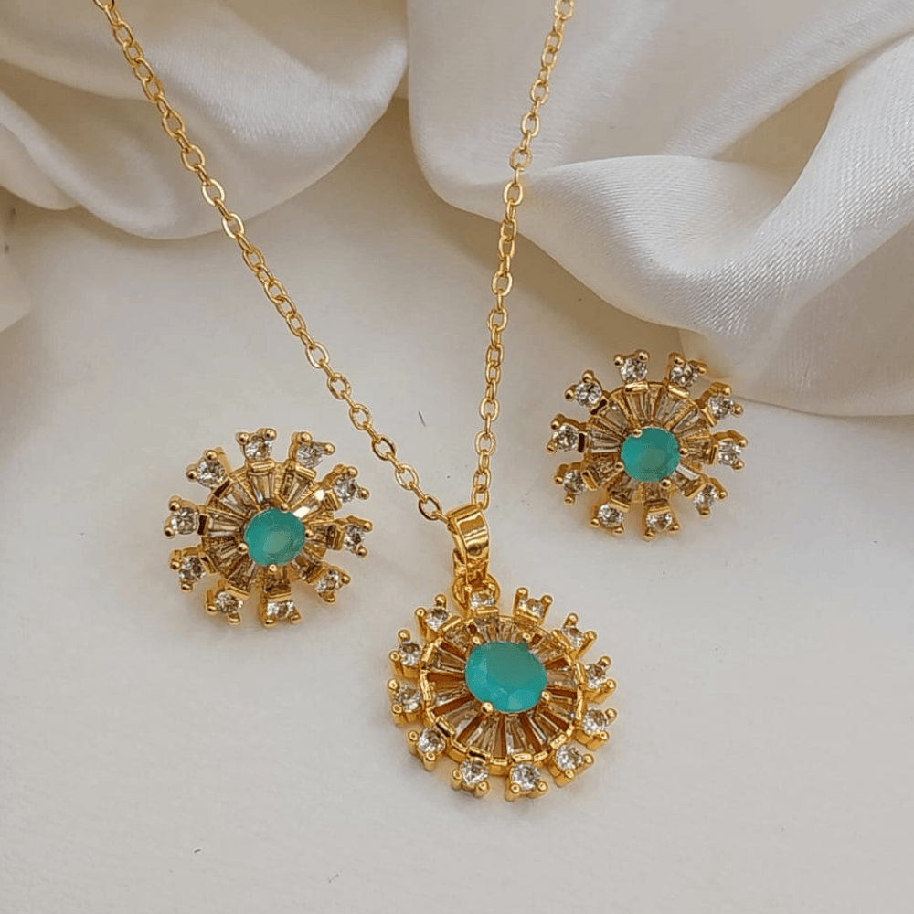 Sea green locket and earrings set viewed from the front