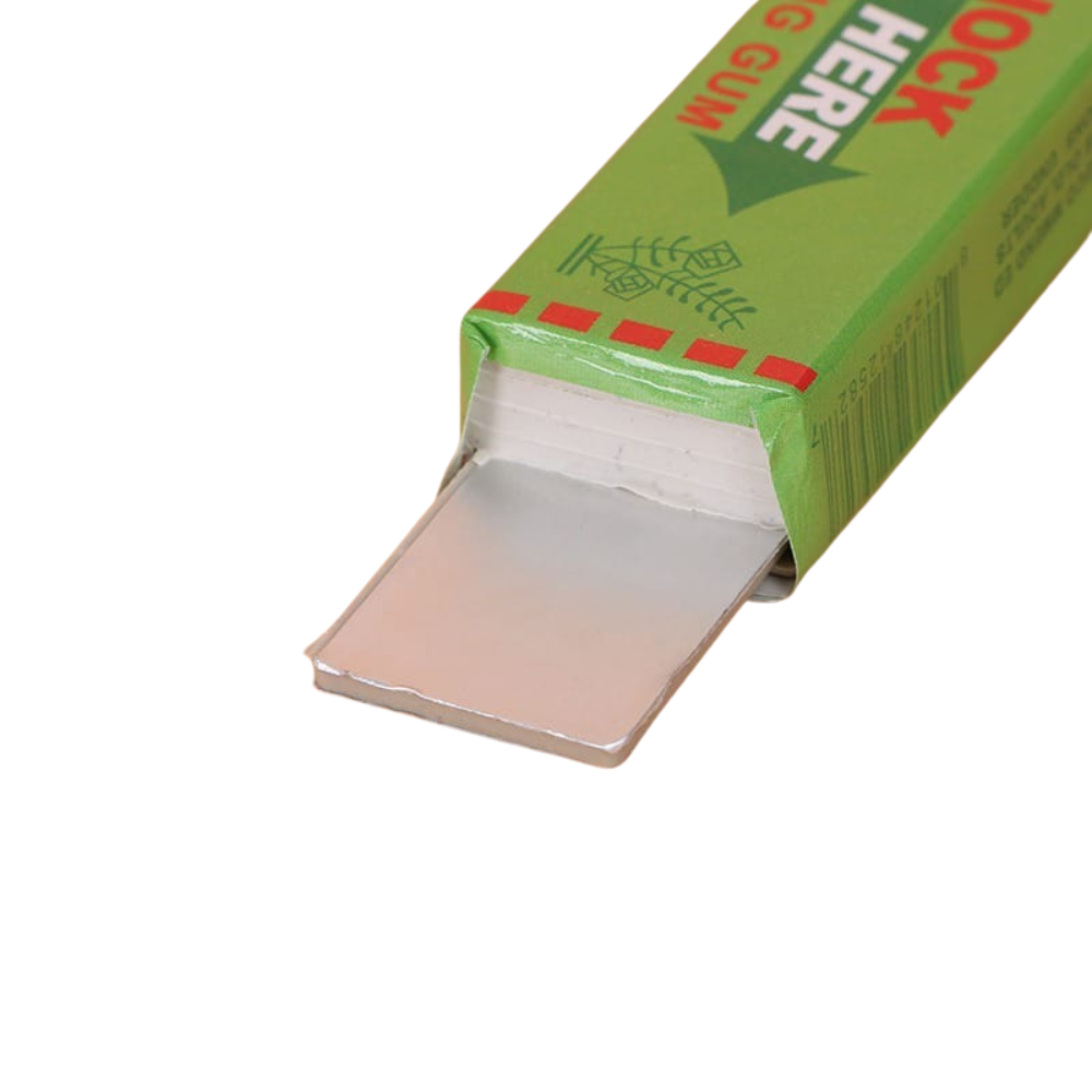 Front view of green electric shocking chewing gum prank toy