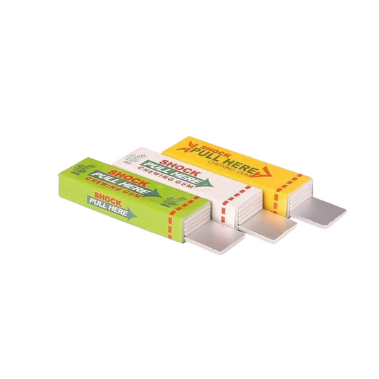 Left front view showing the prank chewing gum pack design
