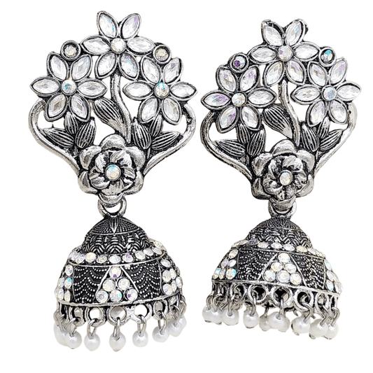 Front view of artificial silver flower-design earrings