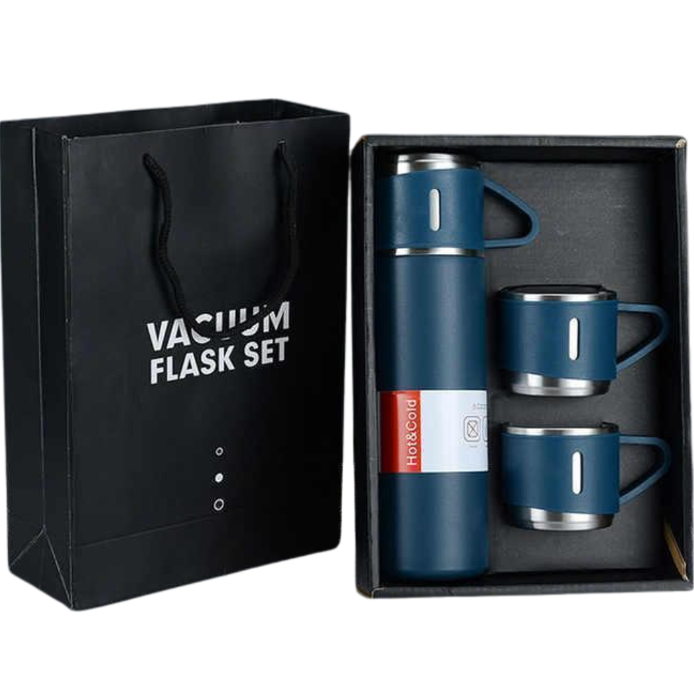 Blue stainless flask and cup with packaging
