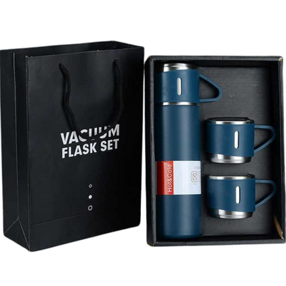 Blue stainless flask and cup with packaging
