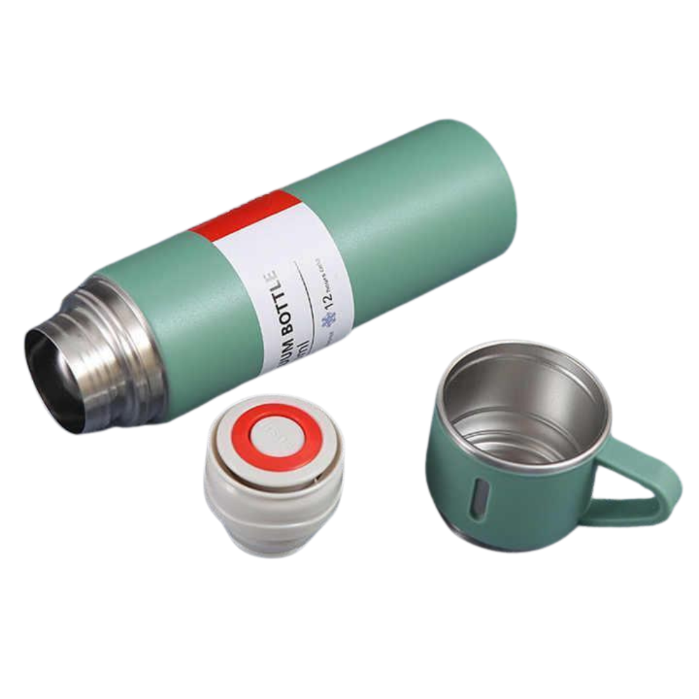 Right side view of the stainless steel flask with cups