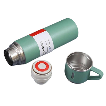 Right side view of the stainless steel flask with cups