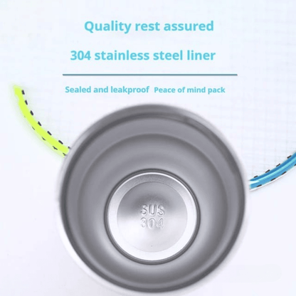 Gray bowl with 'SUS 304' marking on a white background, featuring text about quality assurance and stainless steel liner.