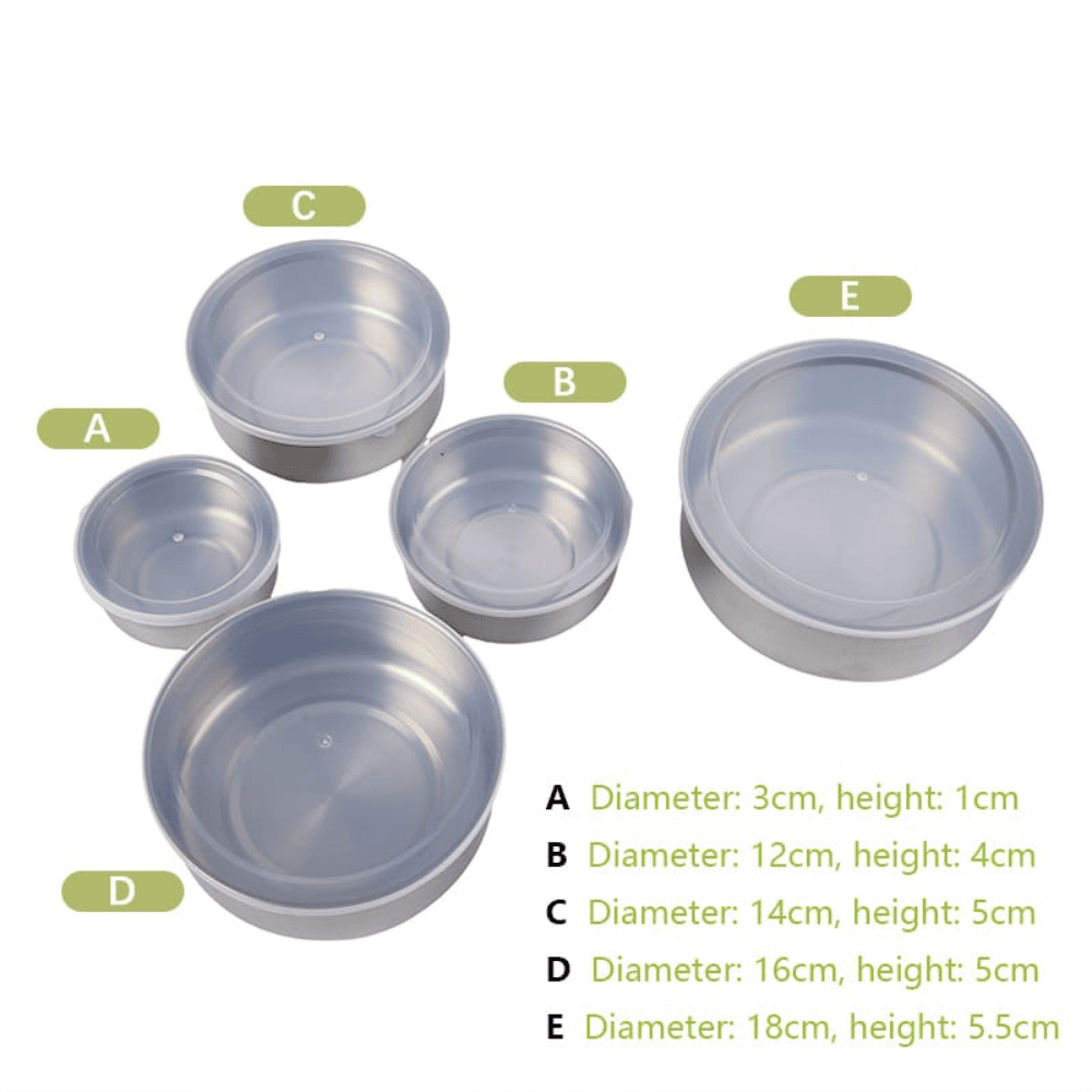 Set of metal bowls with lids on a white background, showing measurements.