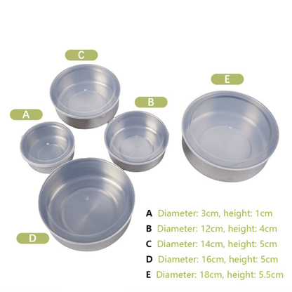 Set of metal bowls with lids on a white background, showing measurements.