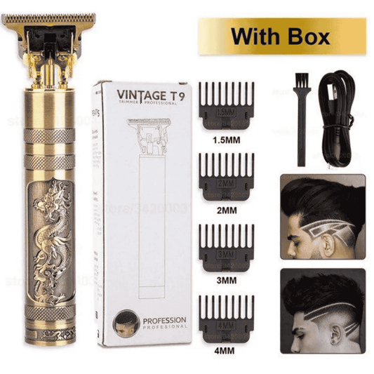 Complete set of T9 Vintage Hair Trimmer for Men with packaging and accessories.