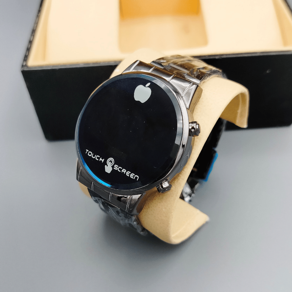 Close-up view of black touch screen LED watch for kids