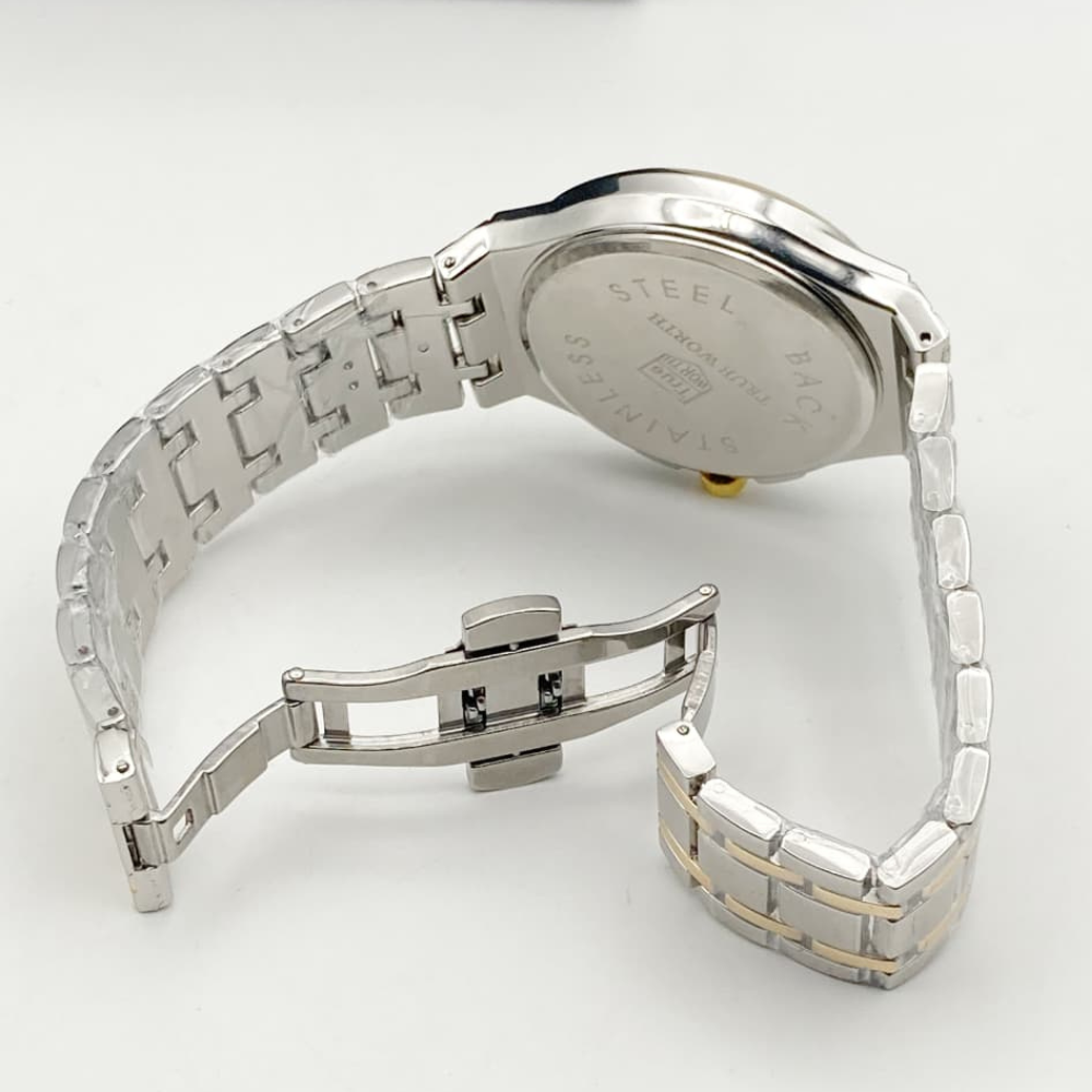 Silver watch with a detailed metal band on a white background