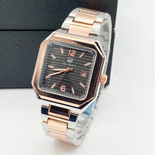 Luxury watch with rose gold and silver band on a white background