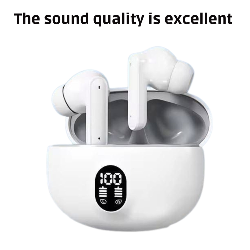 White wireless earbuds in a charging case with a digital display on a white background.