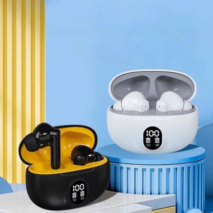 Wireless earbuds with charging case on a blue background