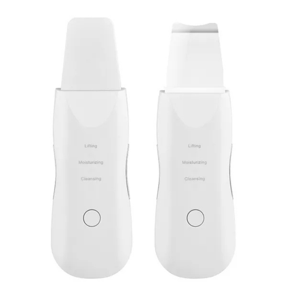 Two white electronic devices with circular buttons on a white background