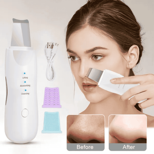 Woman using a skincare device with before and after results displayed.