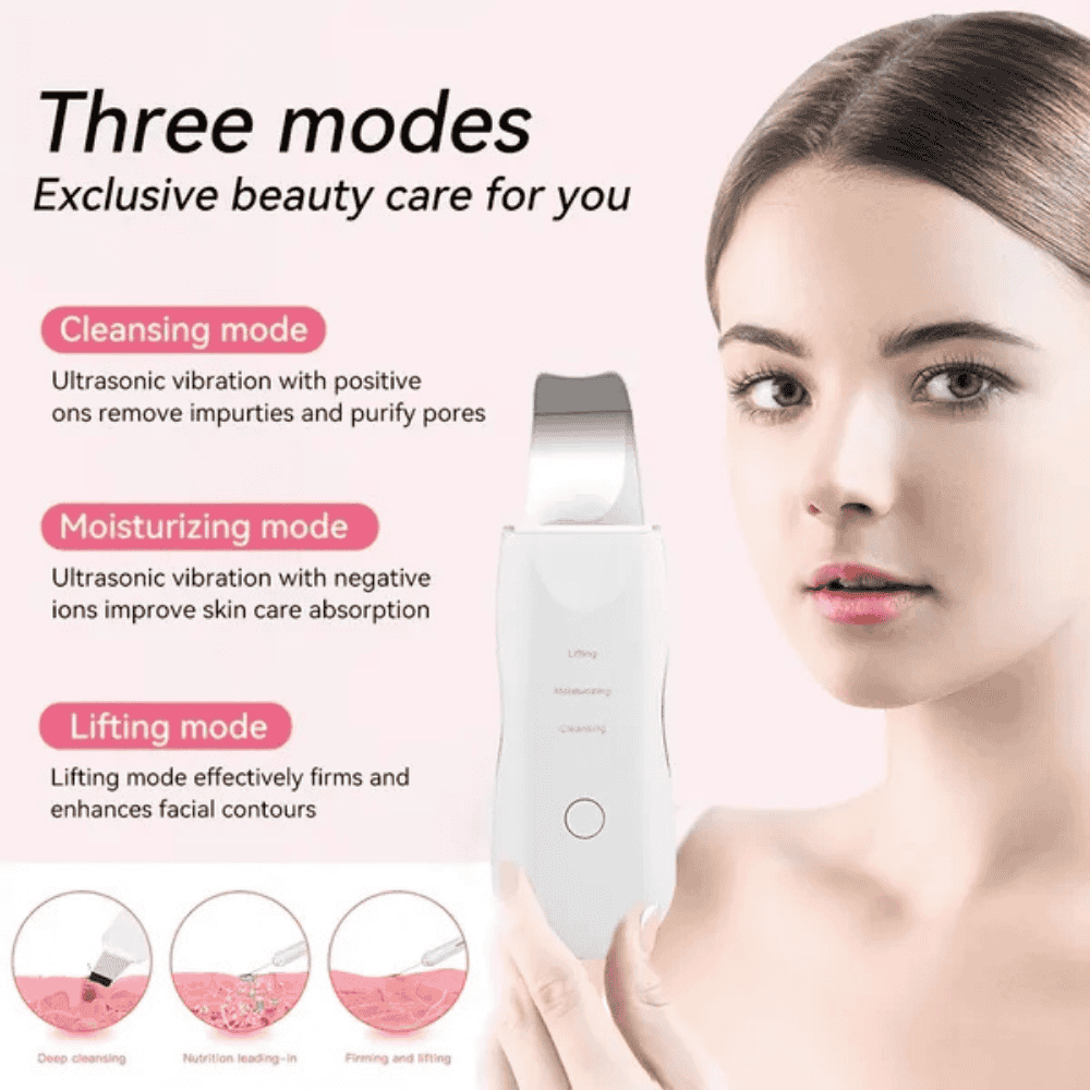 Beauty device with text on modes and a woman holding it, on a light background