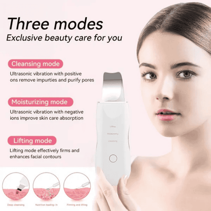 Beauty device with text on modes and a woman holding it, on a light background