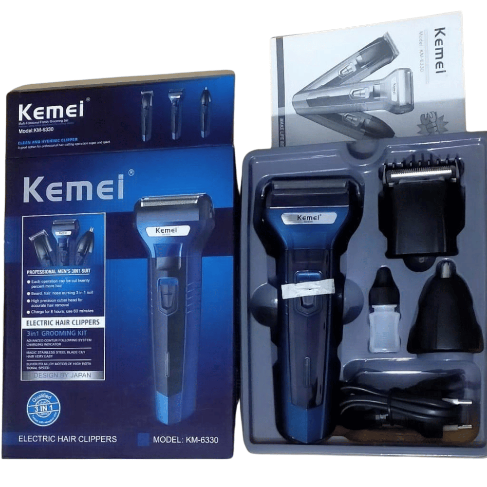 unboxing-kemei-3in1-electric-hair-removal-mens-shaver product and accessories view