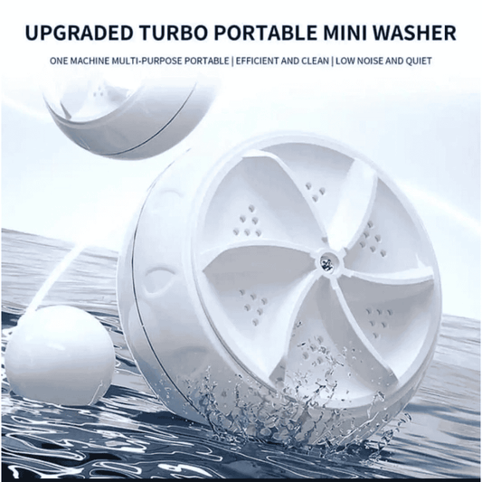 Portable mini washer with water splashes on a light blue background