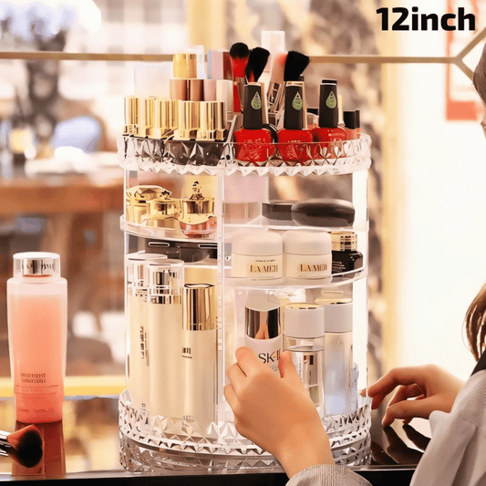 Cosmetic organizer with various products on a blurred background