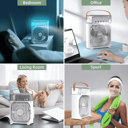 Portable fan used in various settings including bedroom, office, living room, and sport.