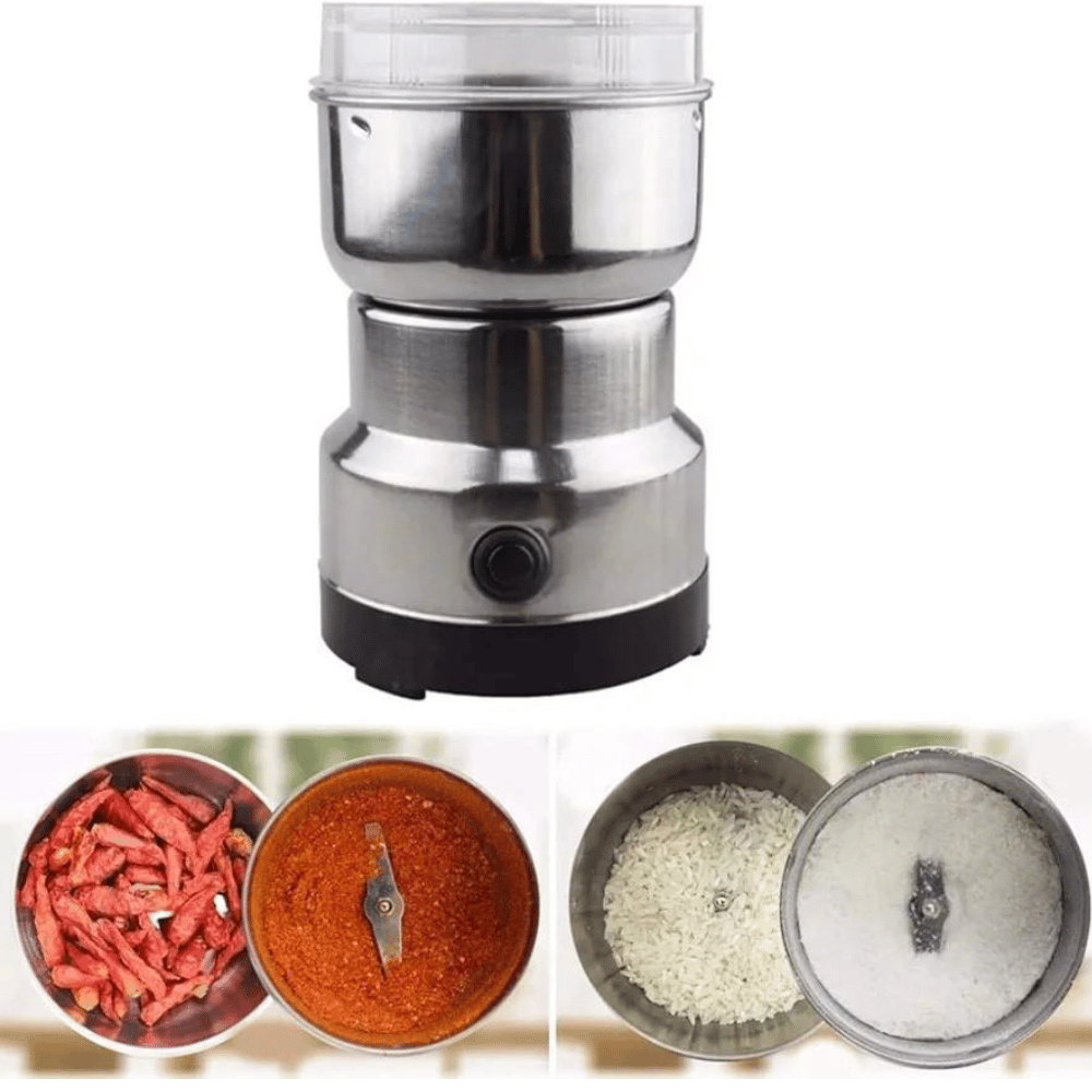 Stainless steel spice grinder with before and after use images of spices.