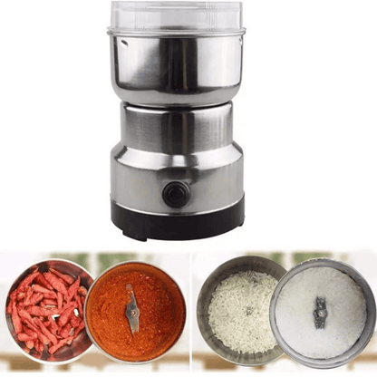 Stainless steel spice grinder with before and after use images of spices.