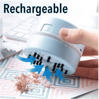 Handheld cleaning tool with blue bristles being used on a surface, labeled 'Rechargeable'.
