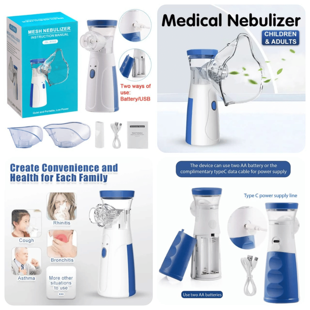 Medical Nebulizer with packaging and usage information on a white background