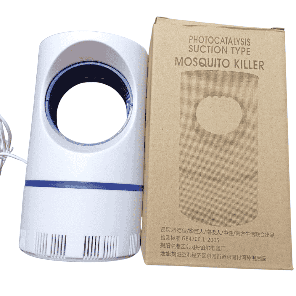Front view of UV mosquito killer lamp alongside its packaging