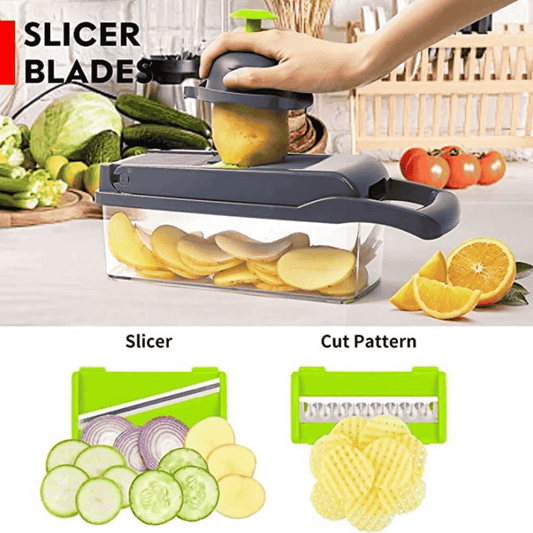 Container filled with chopped vegetables from slicer