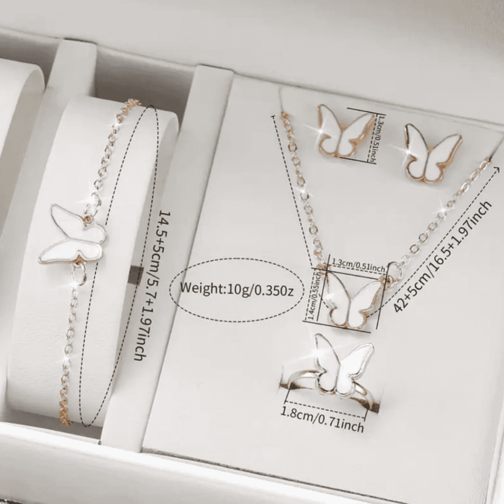 Detailed view of jewellery dimensions included in the white watch combo set