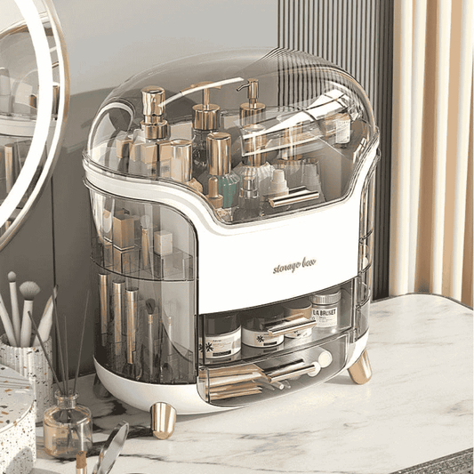 Cosmetic organizer with various products on a marble surface