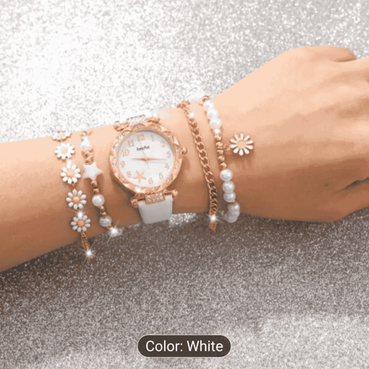 Girls wearing the white watch and bracelet set – wrist view