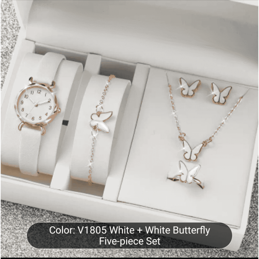 White watch and matching jewelry set beautifully displayed in a gift box