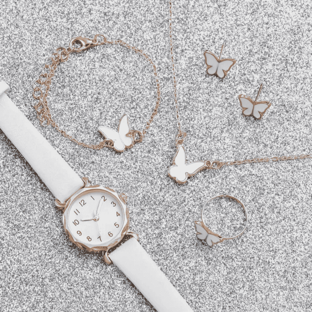 Front view of white lovers watch with elegant jewelry set combo