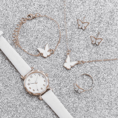 Front view of white lovers watch with elegant jewelry set combo