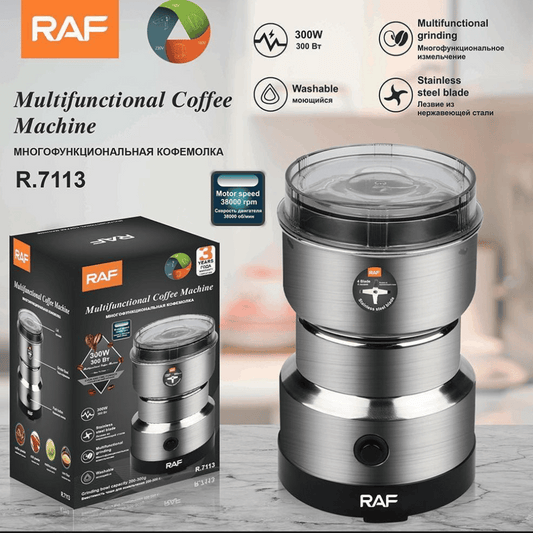 RAF multifunctional coffee machine with packaging on a blurred background