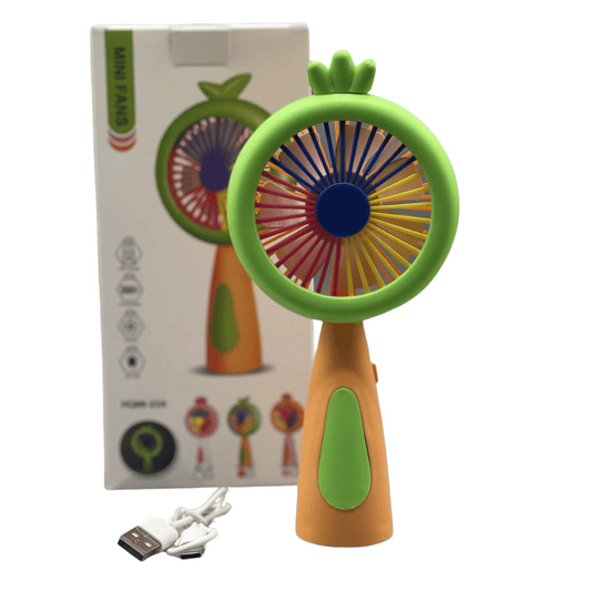 Colorful handheld fan with green handle and colorful blades, next to its packaging on a white background.