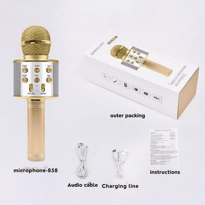 Gold microphone with packaging, audio cable, and charging line on a white background
