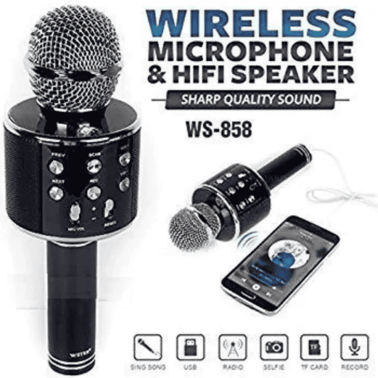 Wireless microphone and HIFI speaker WS-858 with smartphone connection on a white background