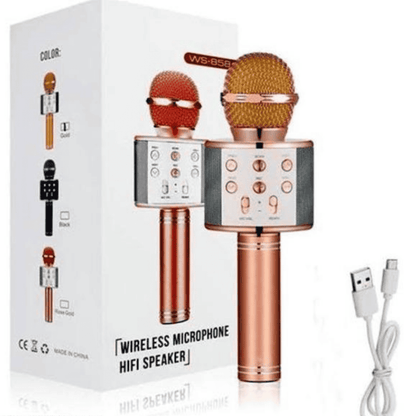 Rose gold wireless microphone and speaker with packaging on a white background