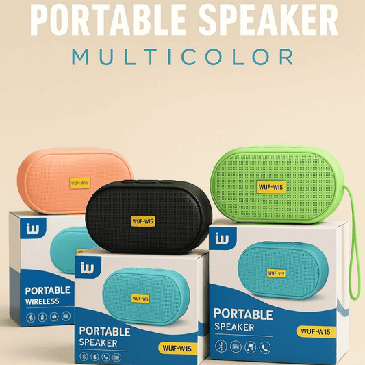 WUF-WIS portable speakers in multicolor with packaging on a beige background