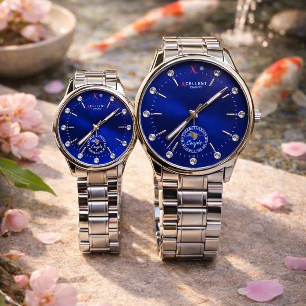 Two silver watches with blue faces on a natural background with flowers and water.